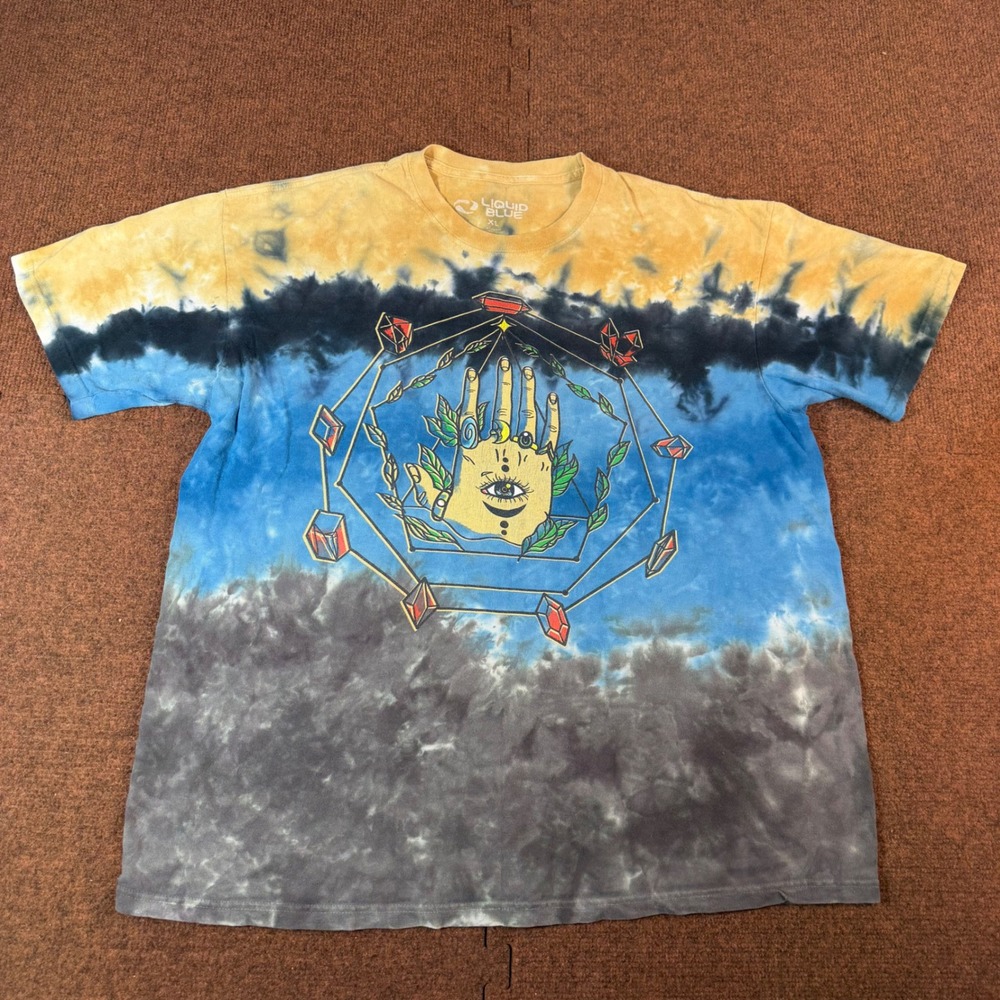 Liquid Blue Hamsa Hand Crystal Tie Dye Shirt Mens XL Celestial Eye Graphic Tee